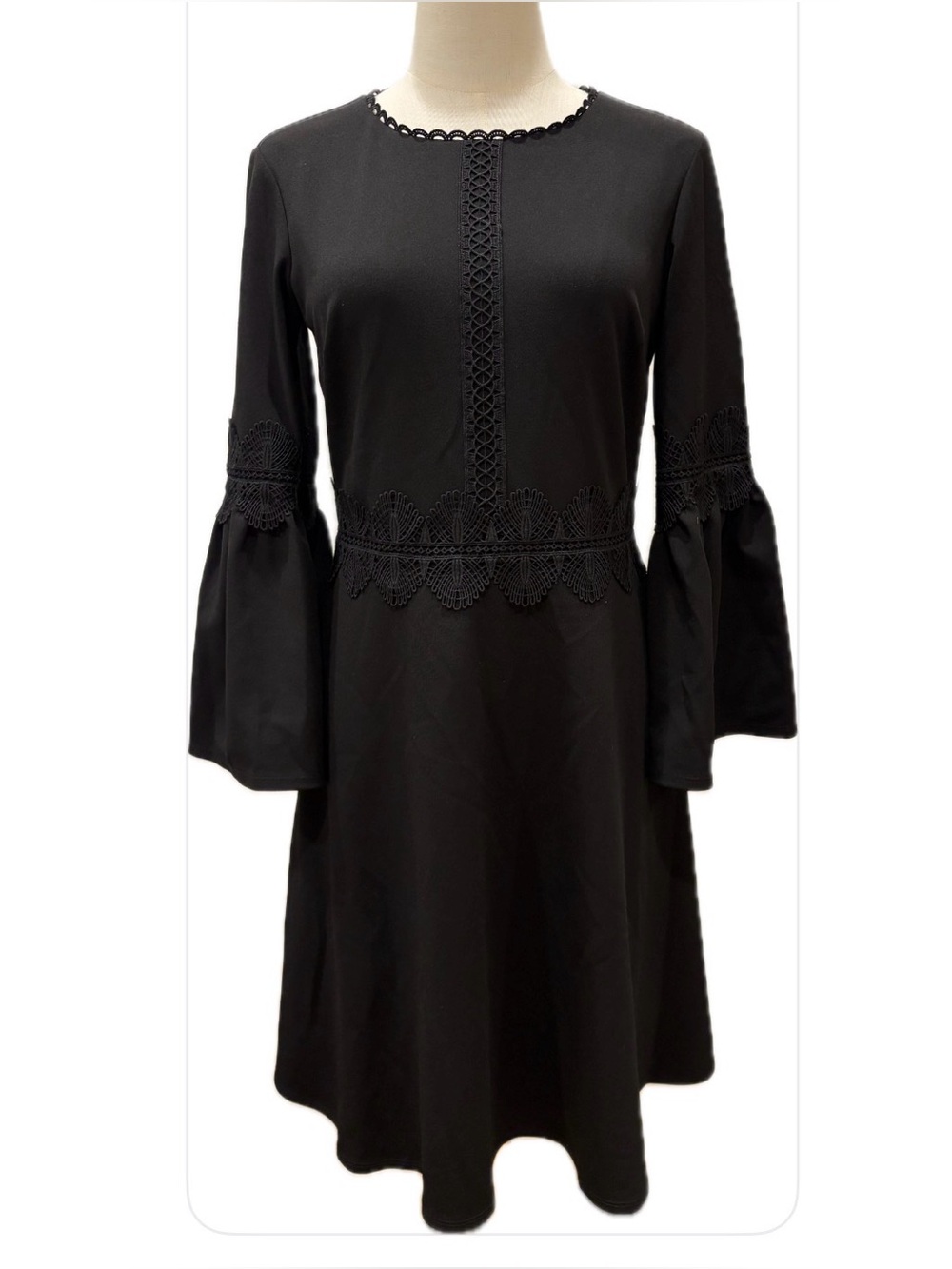 Banana Republic NWOT Black Lace Embellished Bell Sleeves Fit & Flare Dress 4